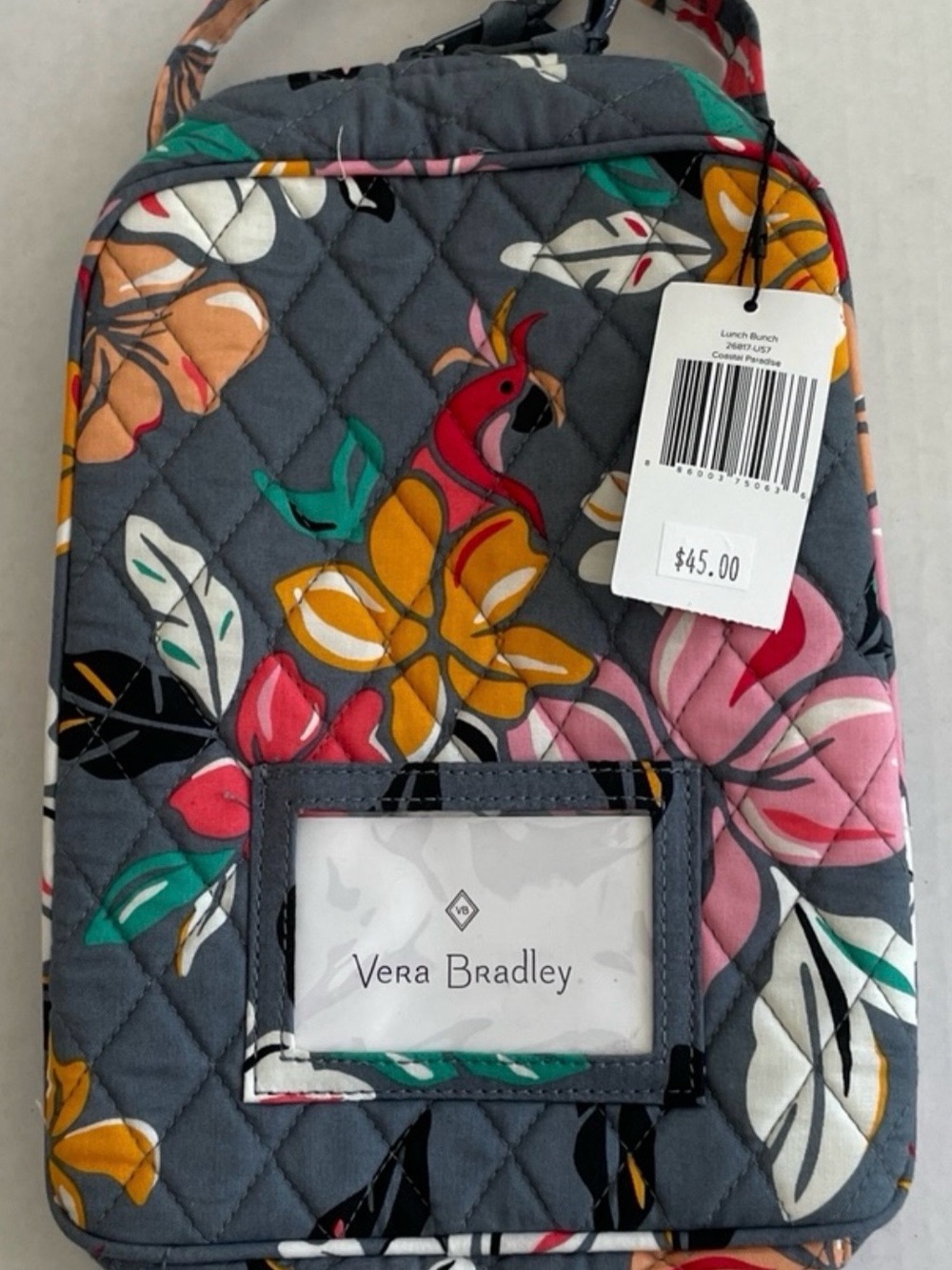 Vera Bradley Gray Quilted Lunch Bag with Floral and Parrot Print